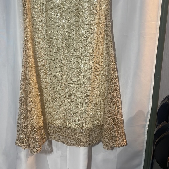 New with tags cream evening gown with champagne gold sequined overlay lace. - Picture 5 of 13